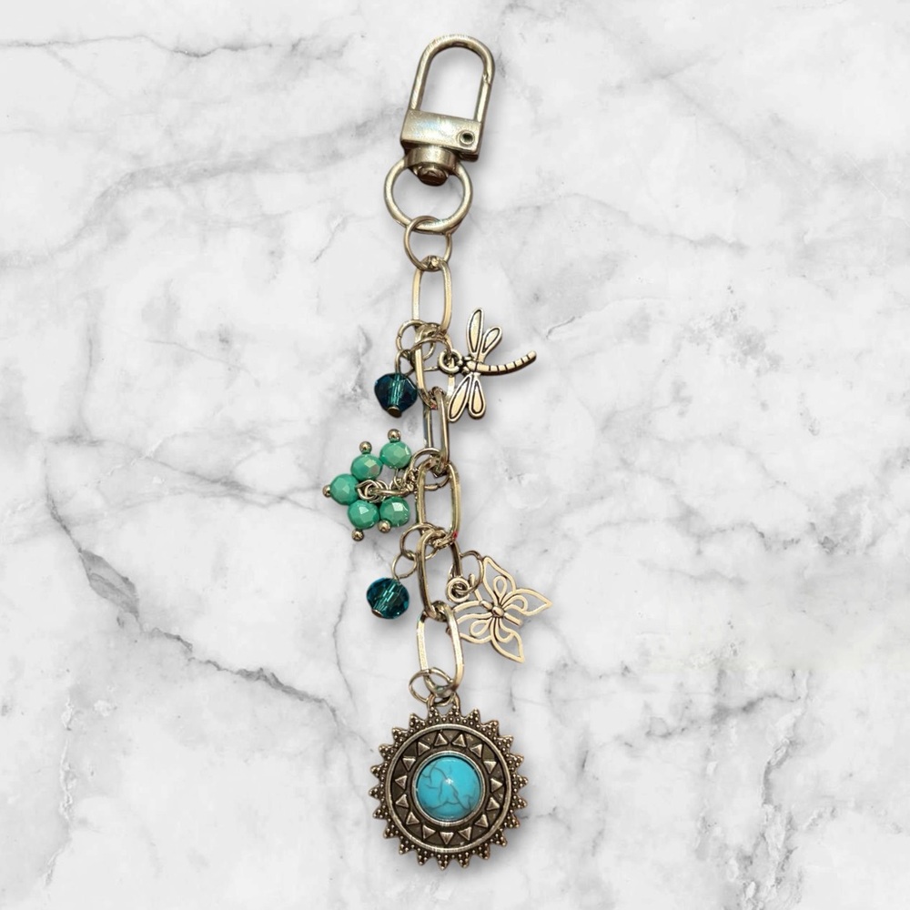 Turquoise Sunstone Bag Charm with Dragonfly & Flowers